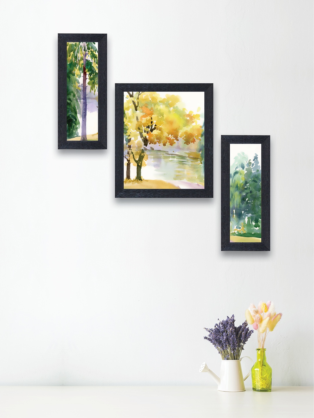 

nest ART Set of 3 Green & Yellow Abstract Watercolor Synthetic Wood Wall Art