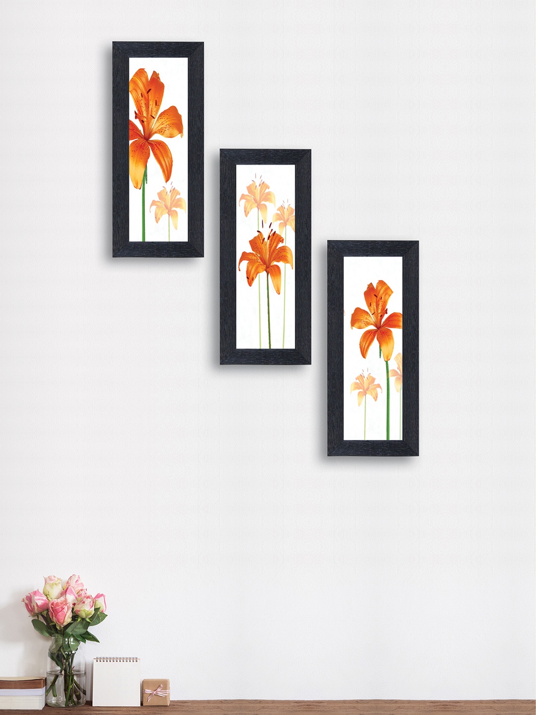 

nest ART Set of 3 Orange & White Flowers Synthetic Wood Wall Art