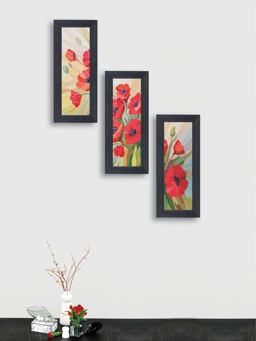 

nest ART Set of 3 Green & Red Abstract Synthetic Wood Wall Art