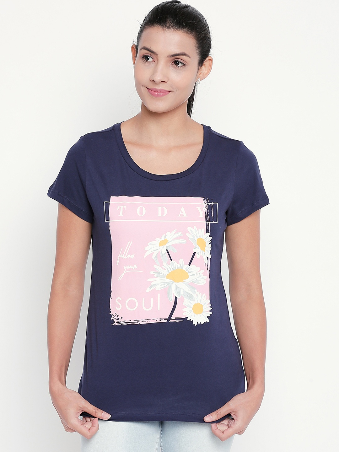 

Honey by Pantaloons Women Navy Blue Printed Round Neck Pure Cotton T-shirt