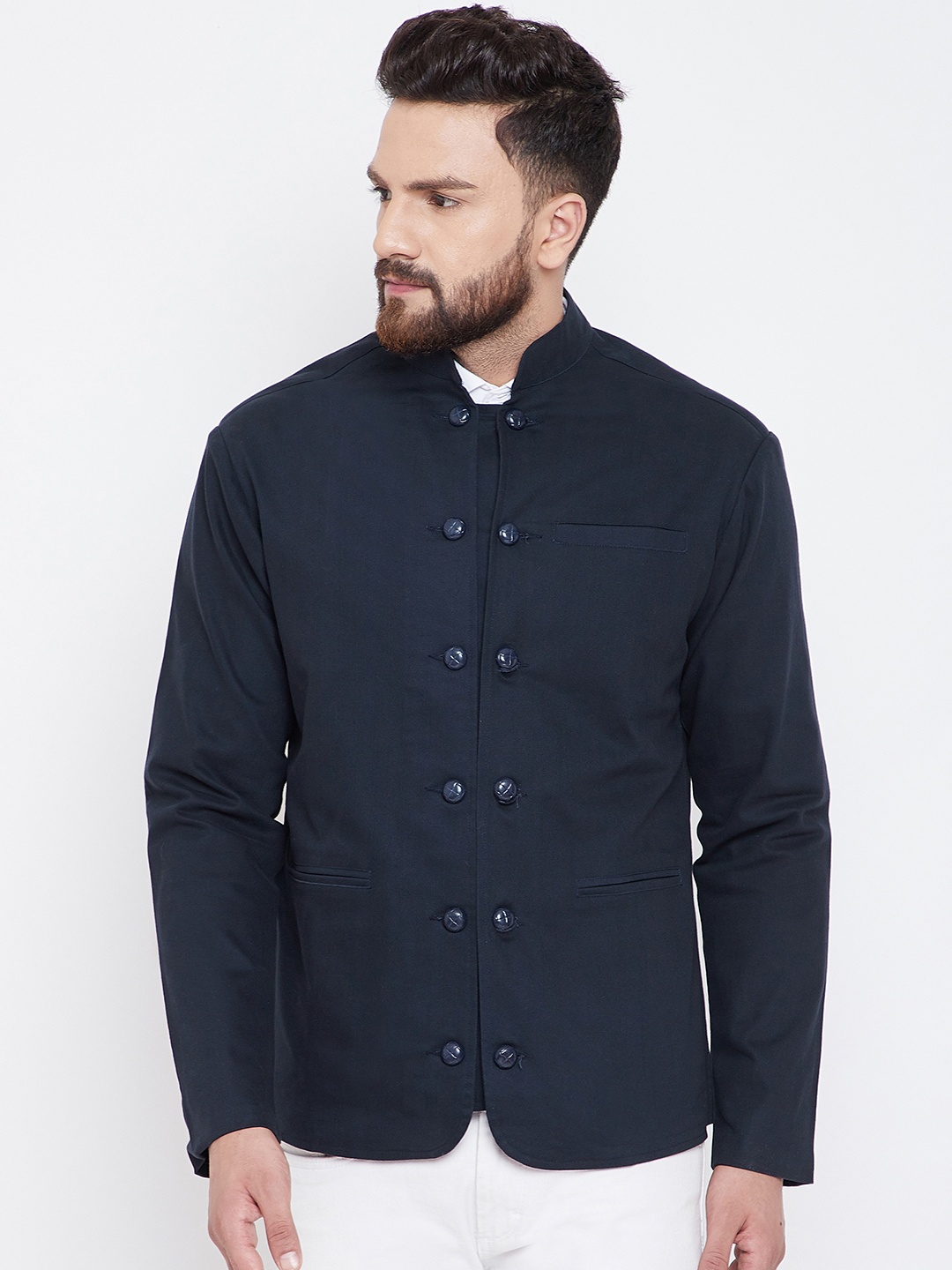 

Hypernation Men Navy Blue Solid Casual Bandhgala