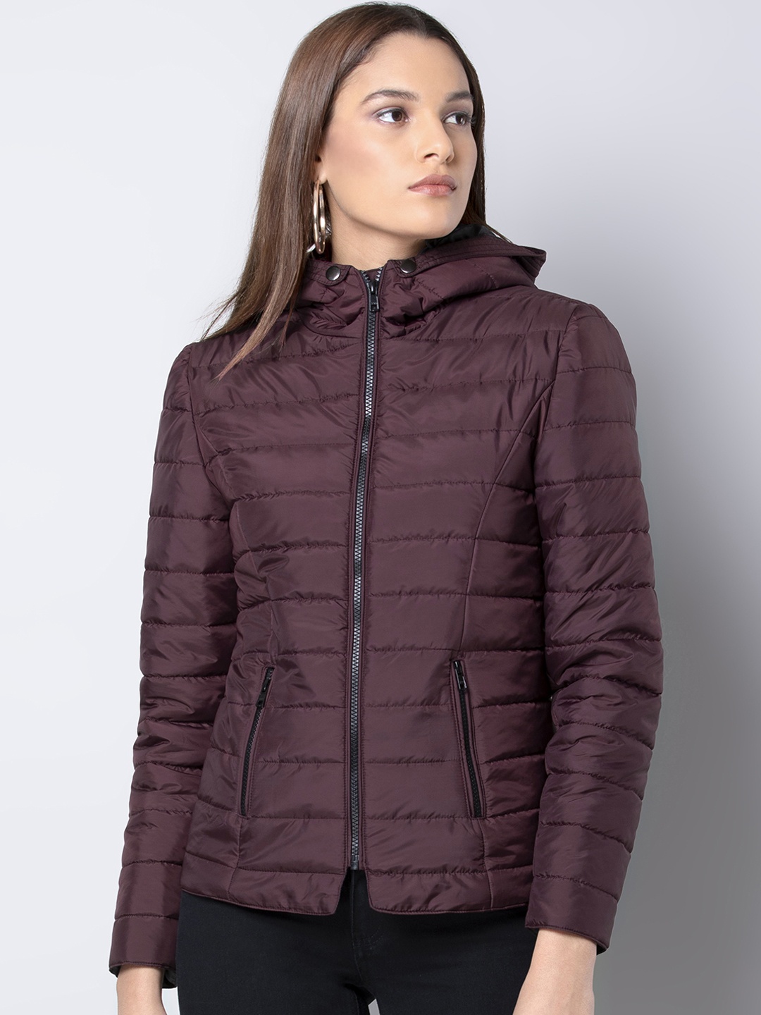 

FabAlley Women Purple Solid Puffer Jacket, Burgundy