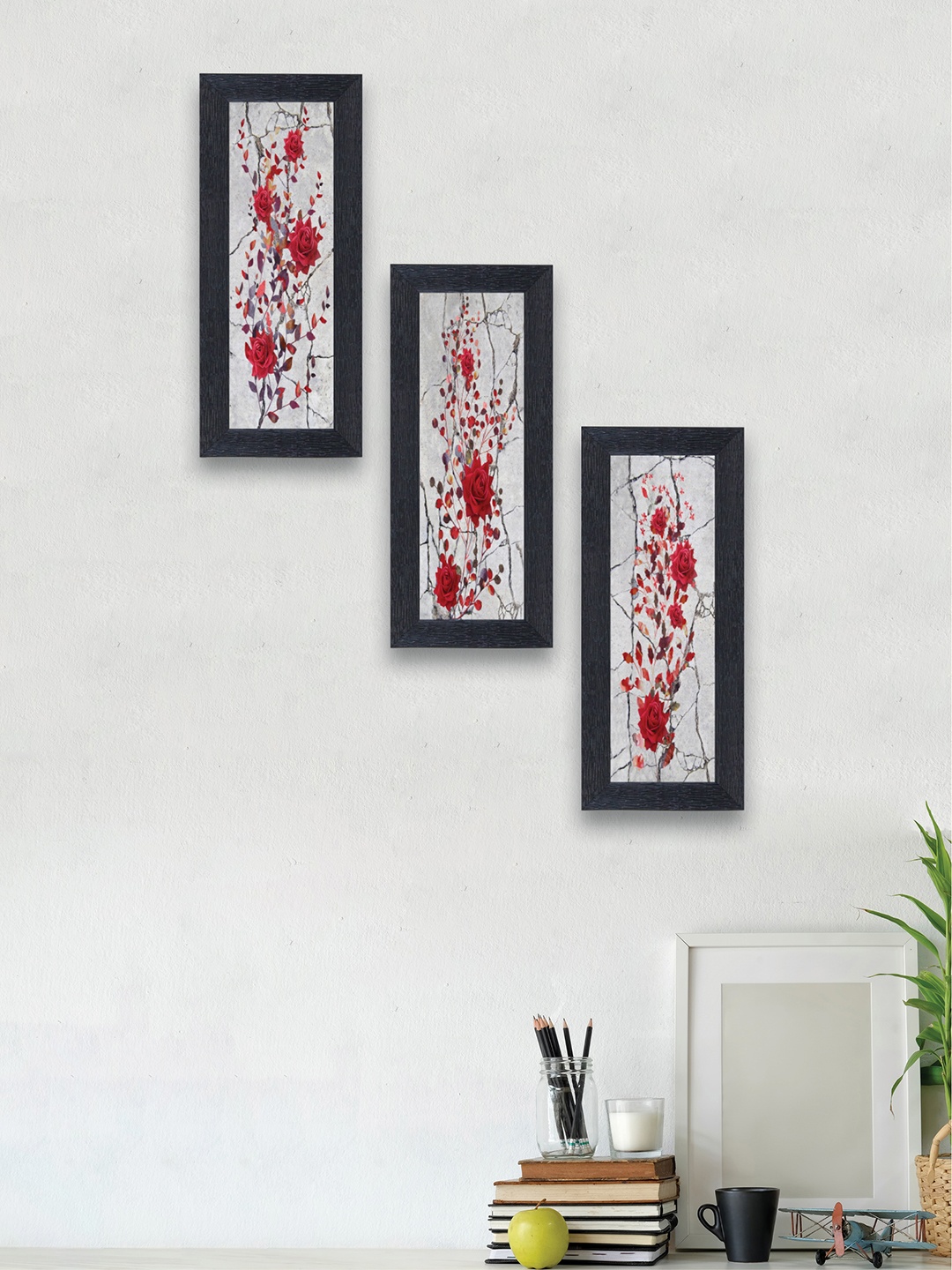 

nest ART Set of 3 Red & Grey Floral Synthetic Wood Wall Art