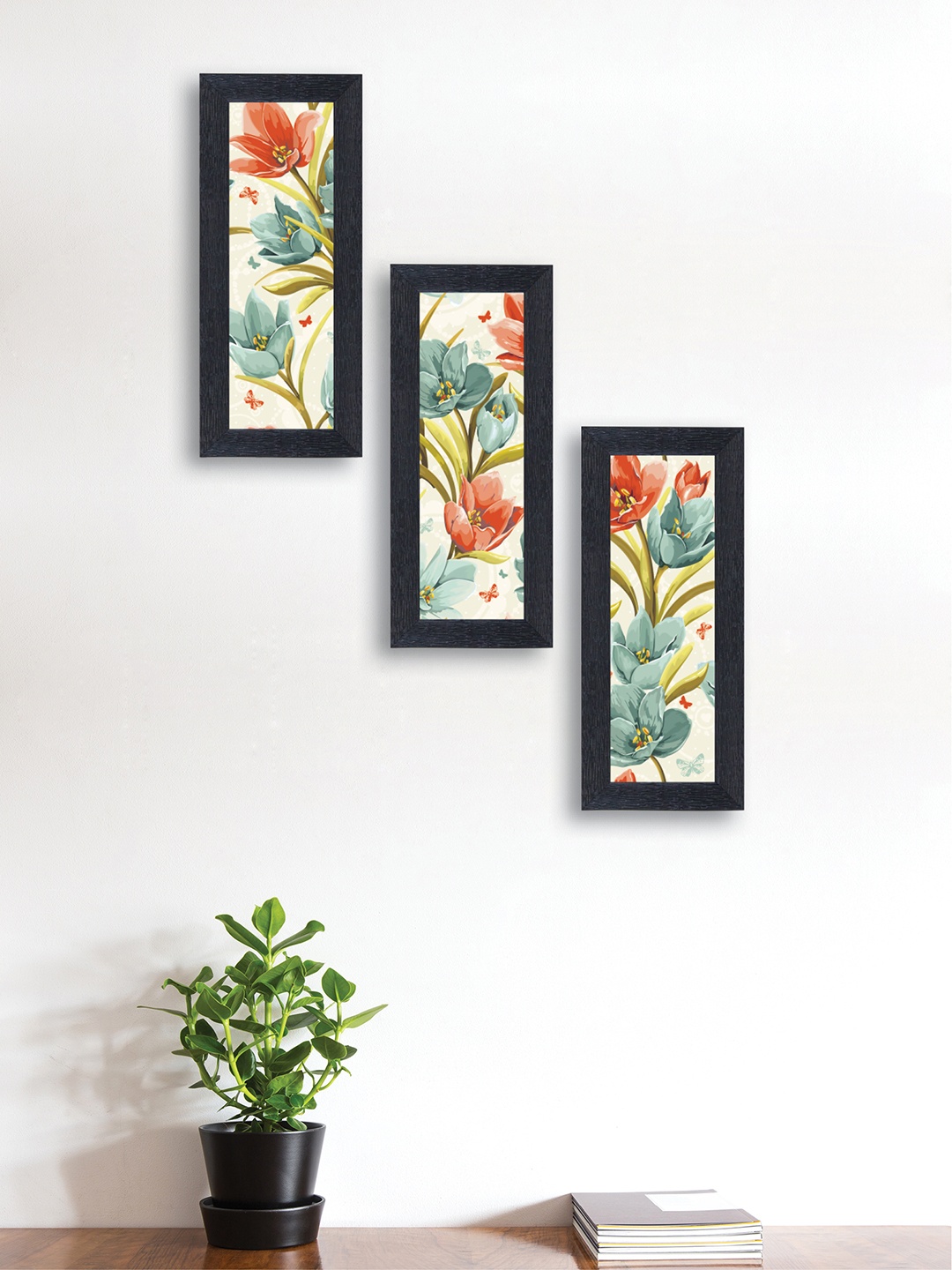 

nest ART Set of 3 Red & Blue Floral Synthetic Wood Wall Art