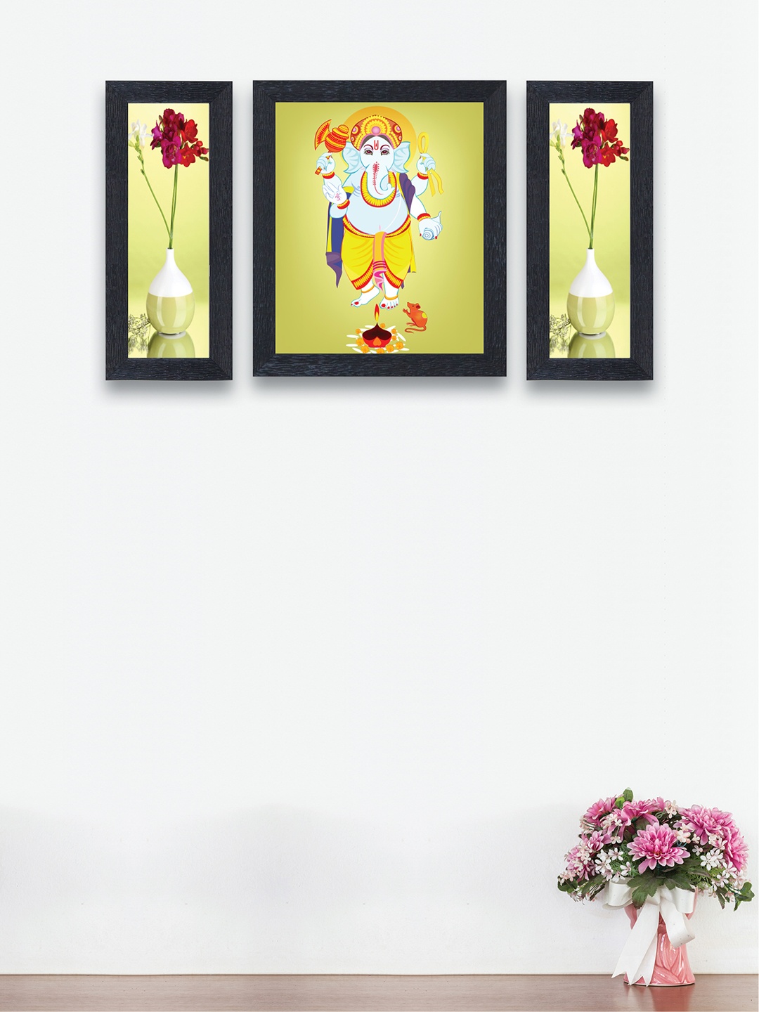 

nest ART Set of 3 Green & Yellow Printed Vakratunda Wall Art