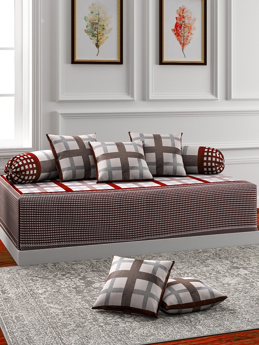 

ROMEE Set of 8 Marron & Brown Checked Diwan Set, Maroon