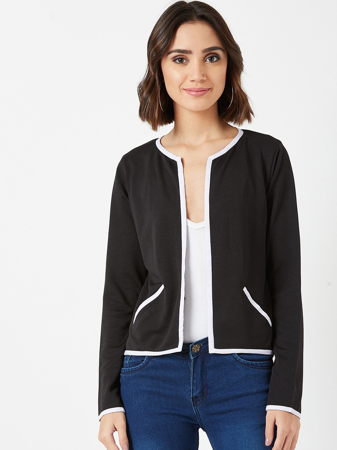 

Miss Chase Women Black Solid Open Front Jacket