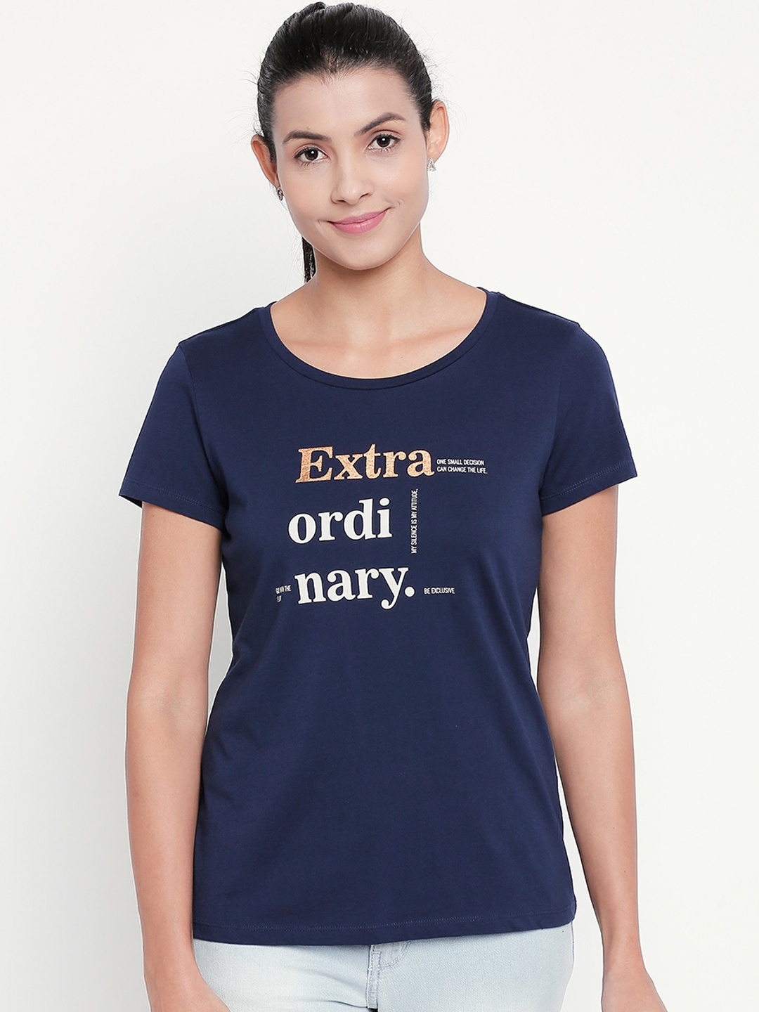 

Honey by Pantaloons Women Navy Blue Printed Round Neck Pure Cotton T-shirt