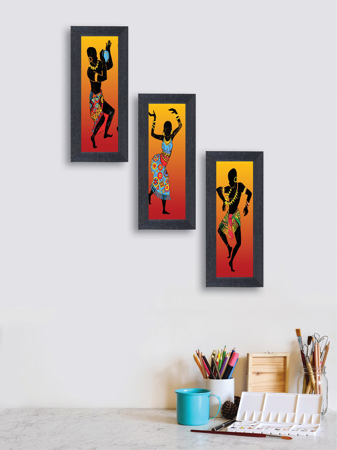 

nest ART Set of 3 Black & Orange Tribal Women Wall Painting
