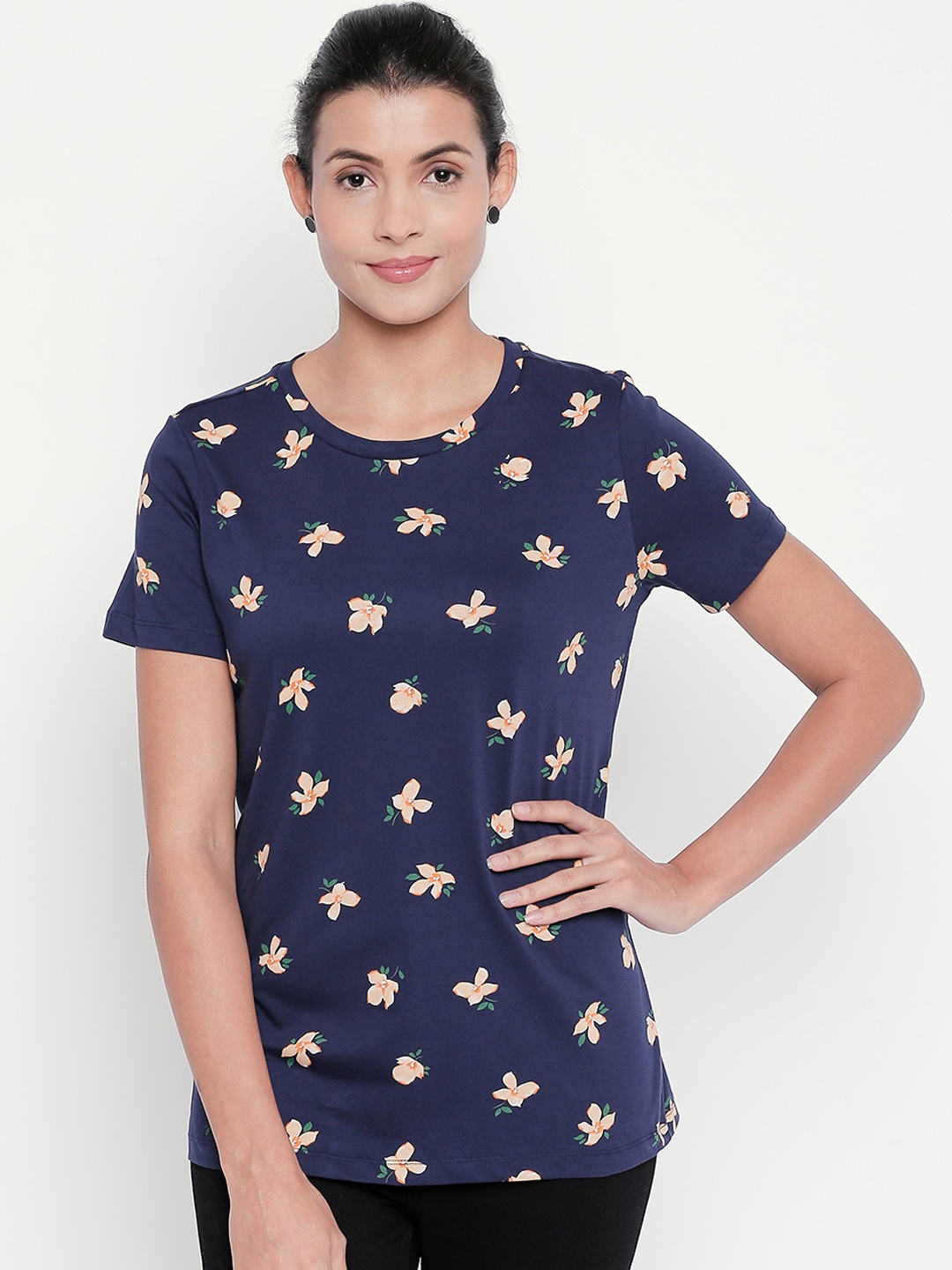 

Honey by Pantaloons Women Navy Blue Printed Round Neck Pure Cotton T-shirt