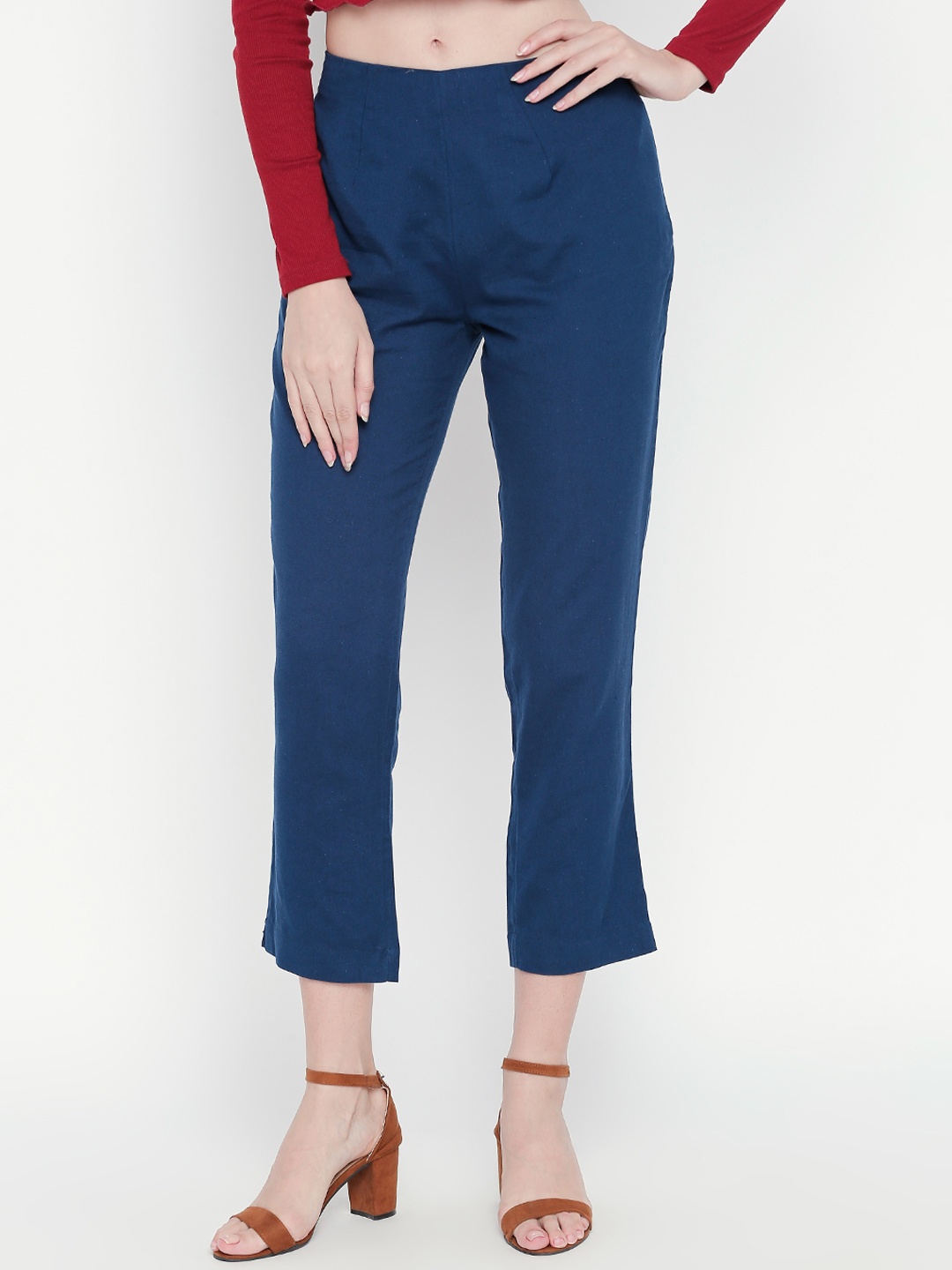 

RANGMANCH BY PANTALOONS Women Blue Regular Fit Solid Peg Trousers