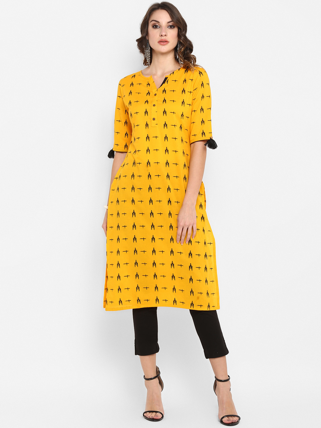 

Janasya Women Mustard Yellow Printed Straight Kurta
