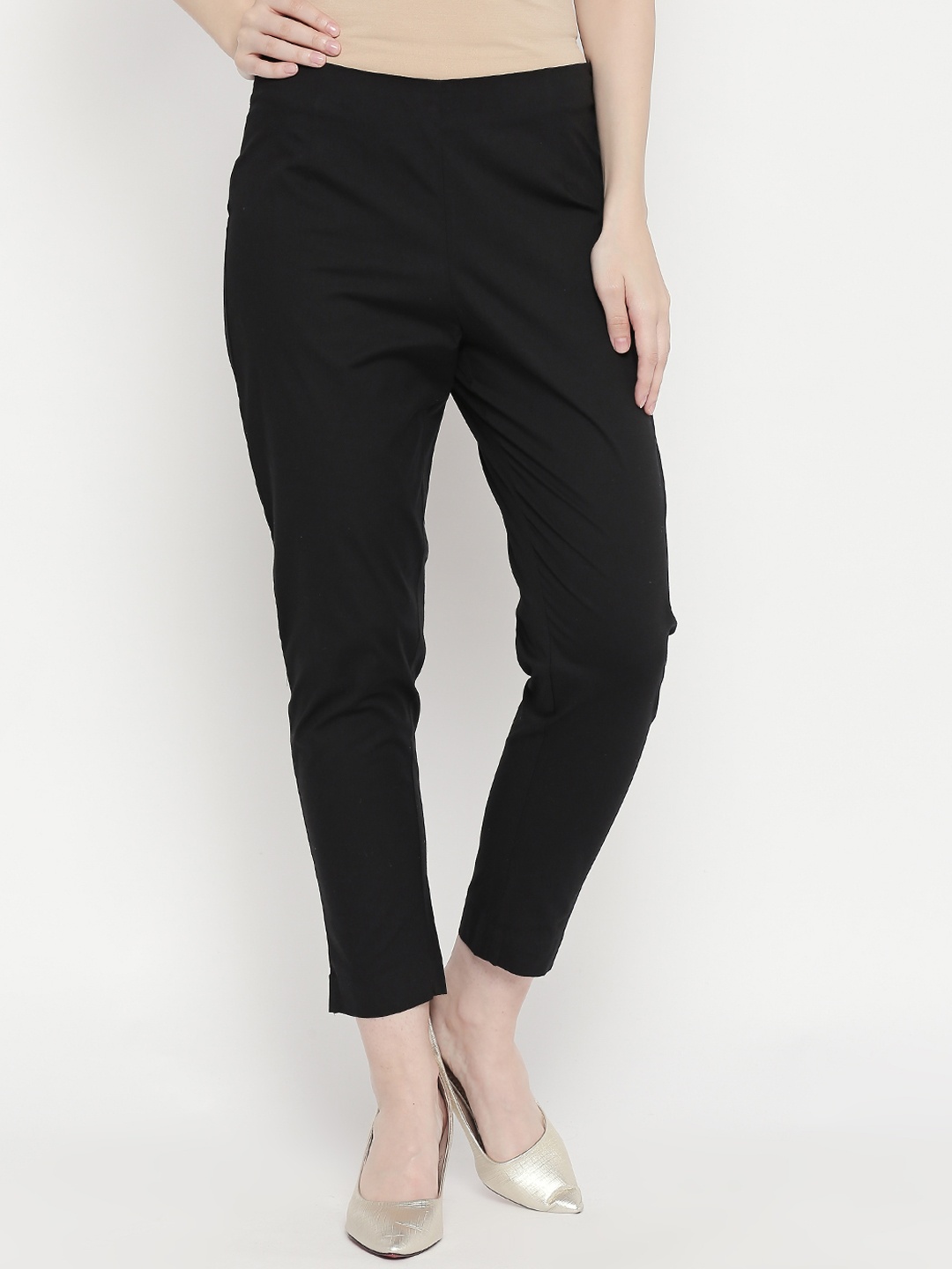 

RANGMANCH BY PANTALOONS Women Black Regular Fit Solid Cigarette Trousers