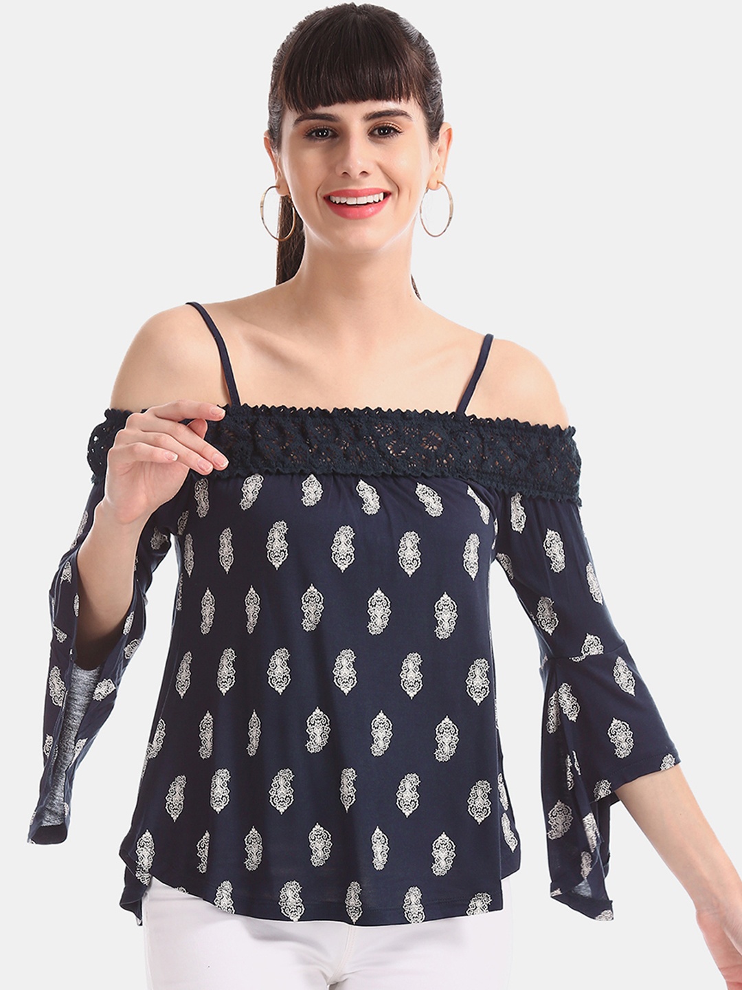 

Aeropostale Women Navy Blue Cold Shoulder Printed Top