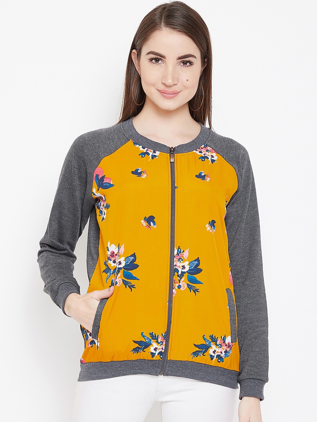 

PURYS Women Grey & Yellow Printed Bomber Jacket