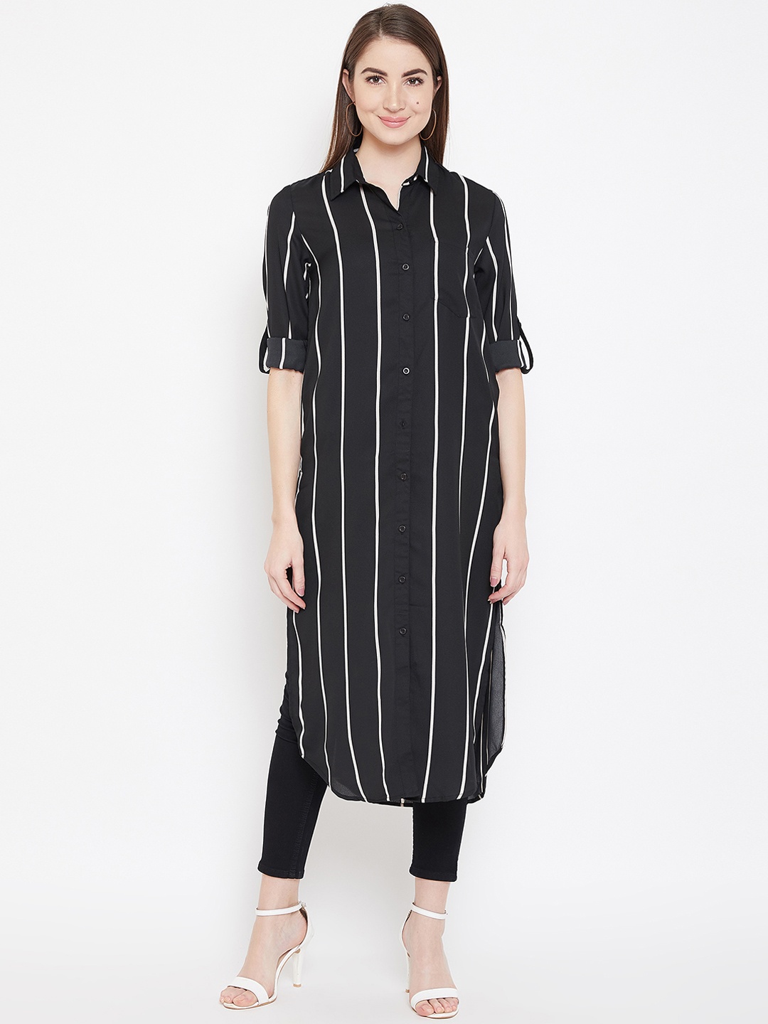 PURYS Women Black & White Striped Tunic