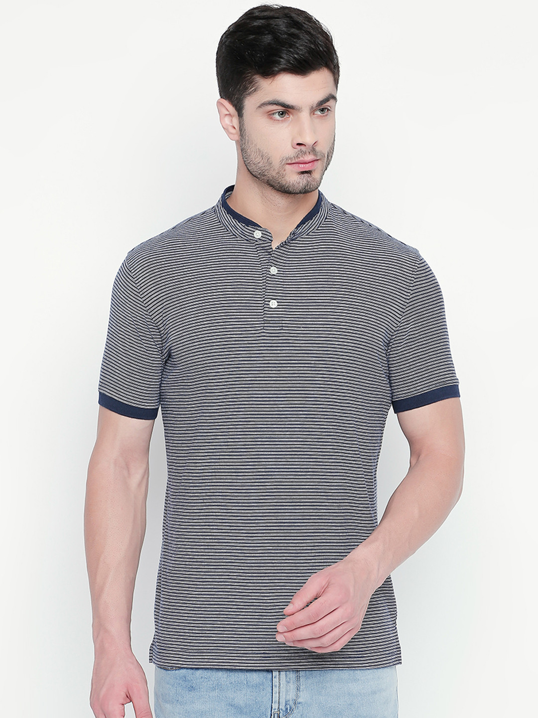 

BYFORD by Pantaloons Men Navy Blue Striped Henley Neck T-shirt