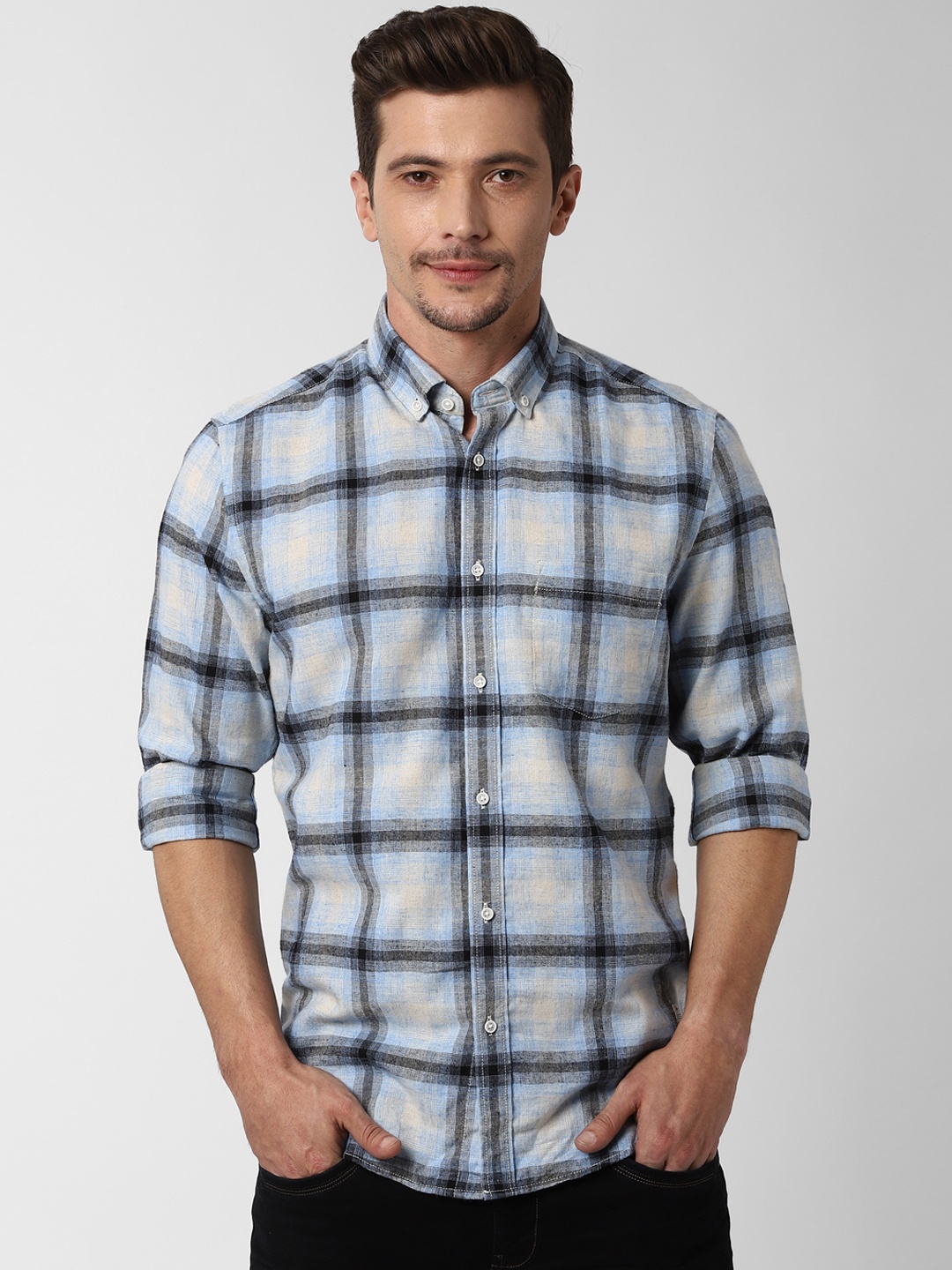 

Peter England Casuals Men Blue & Grey Slim Fit Checked Casual Shirt