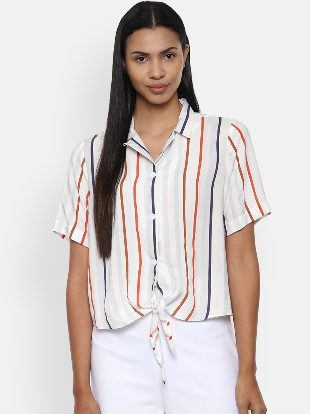

Van Heusen Woman White & Red Regular Fit Striped Casual Shirt
