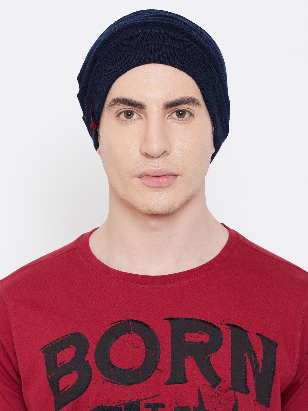 PUNK Men Navy Blue Striped Beanie