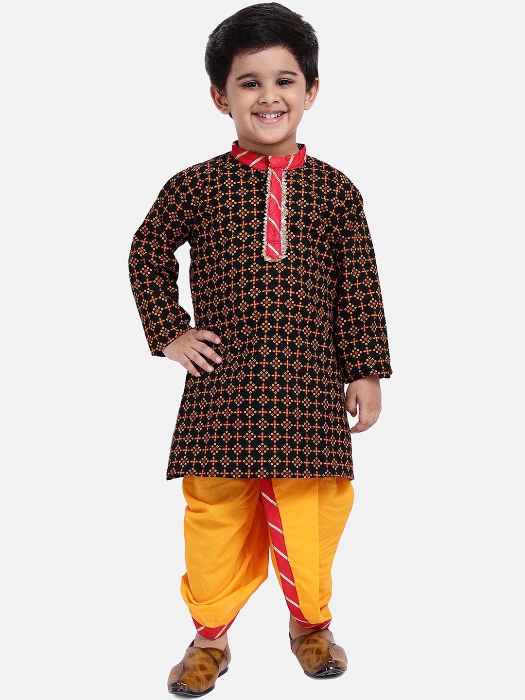 BownBee Boys Black & Mustard Yellow Printed Kurta with Dhoti Pants