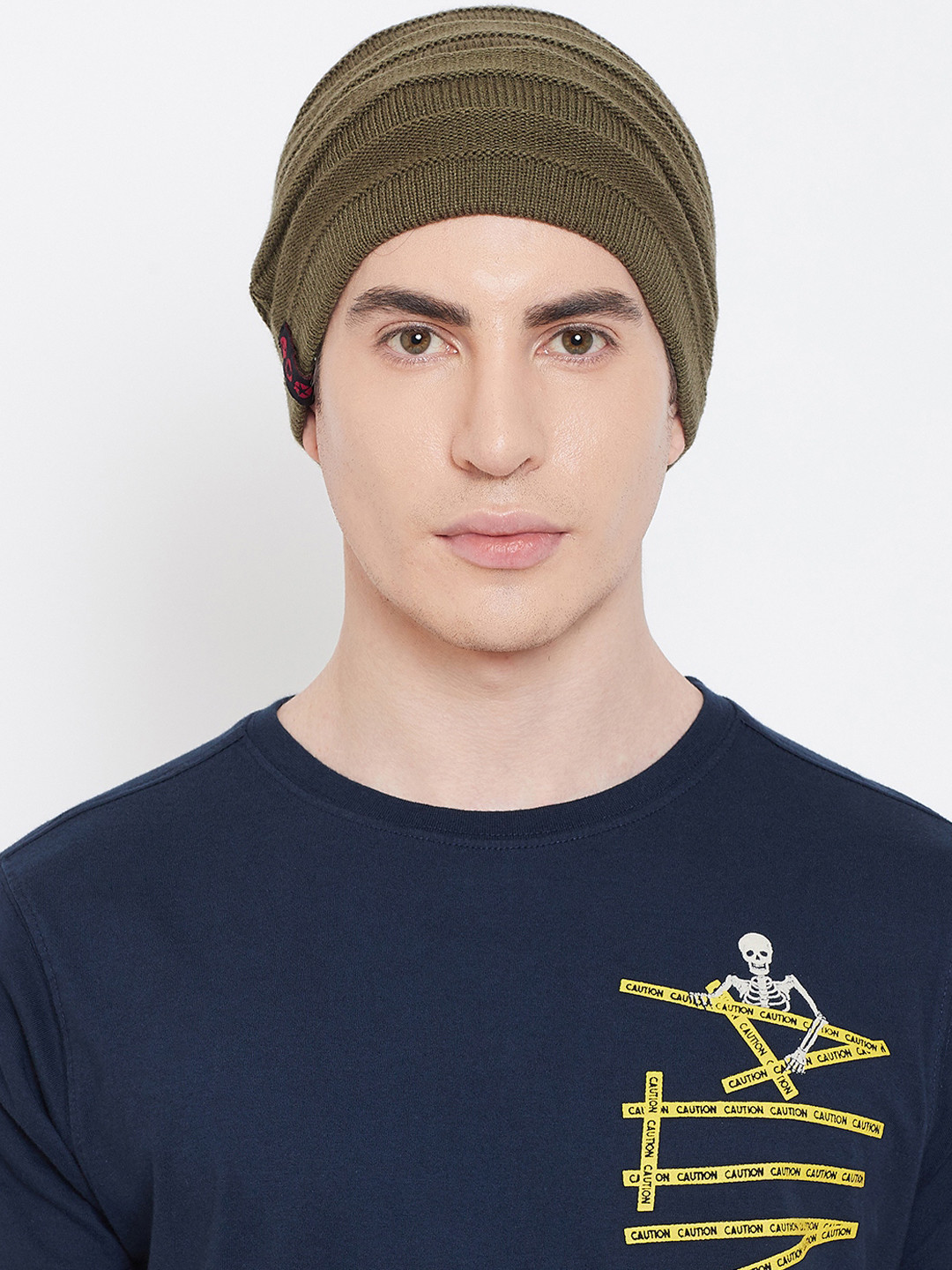 

PUNK Men Olive Green Striped Beanie