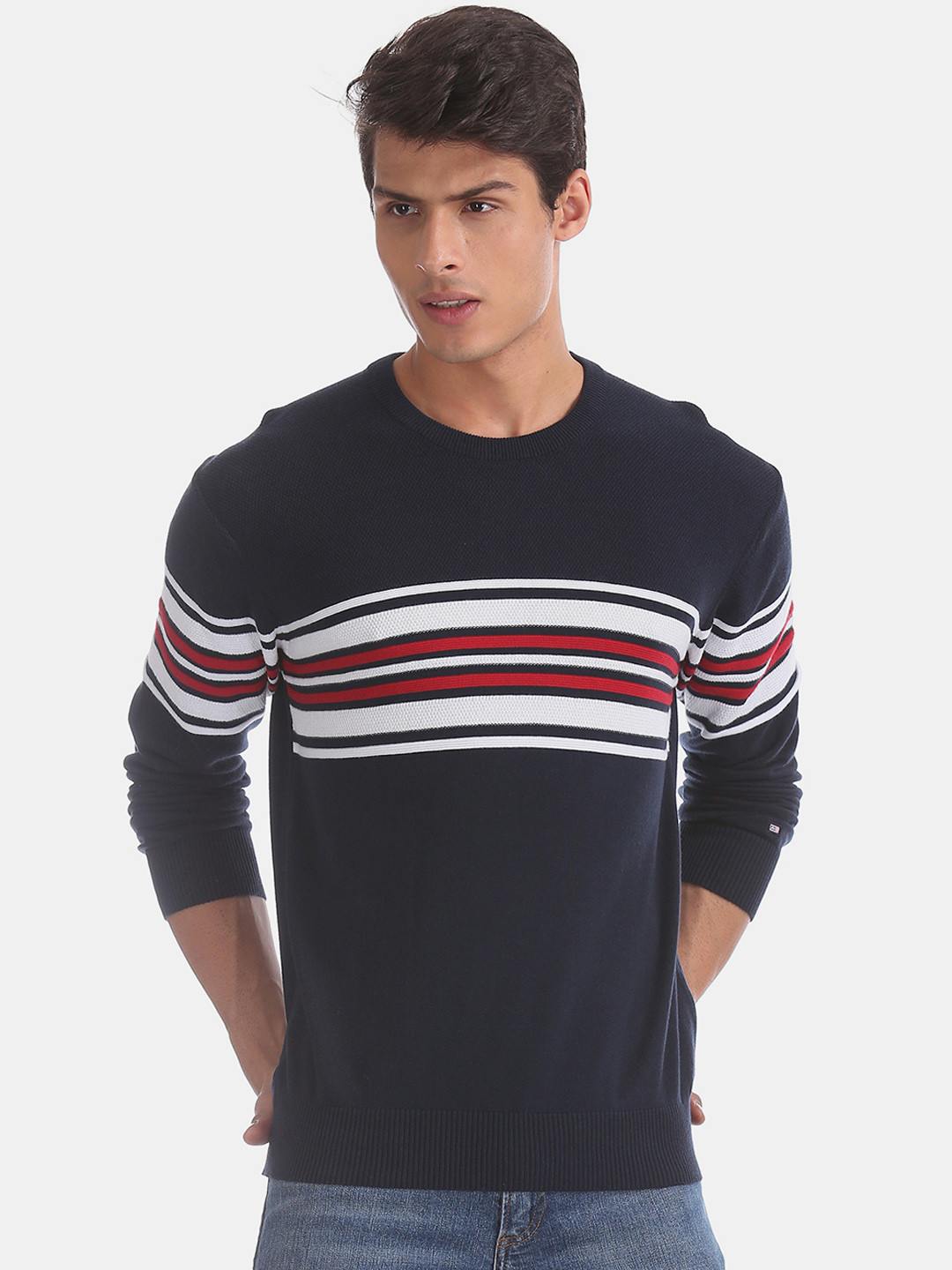 

Arrow Sport Men Blue Striped Pullover Sweater