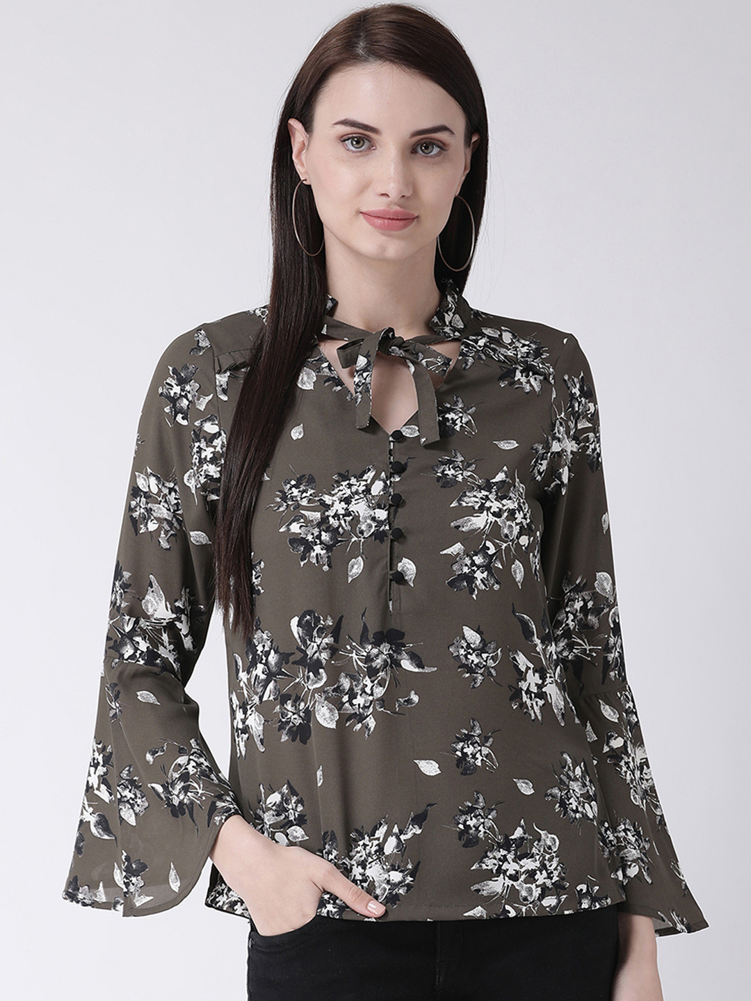 

Latin Quarters Women Green Floral Print Bell Sleeve A-Line Top