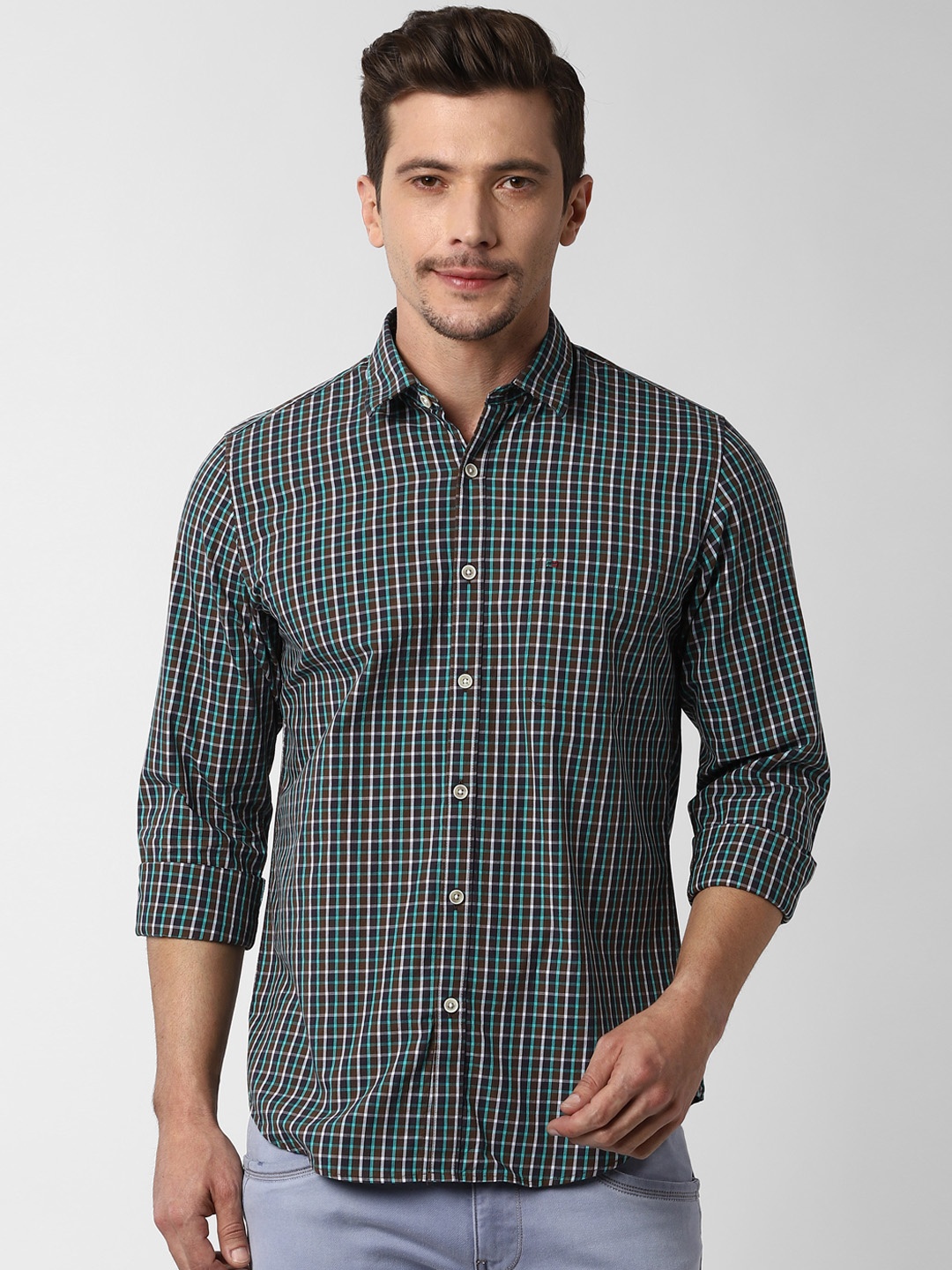

Peter England Casuals Men Brown & Green Slim Fit Checked Casual Shirt