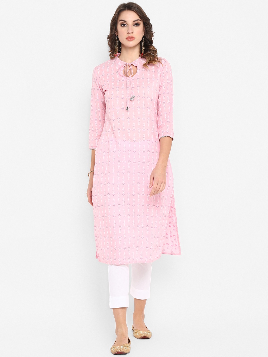 

Janasya Women Pink & White Printed Straight Kurta