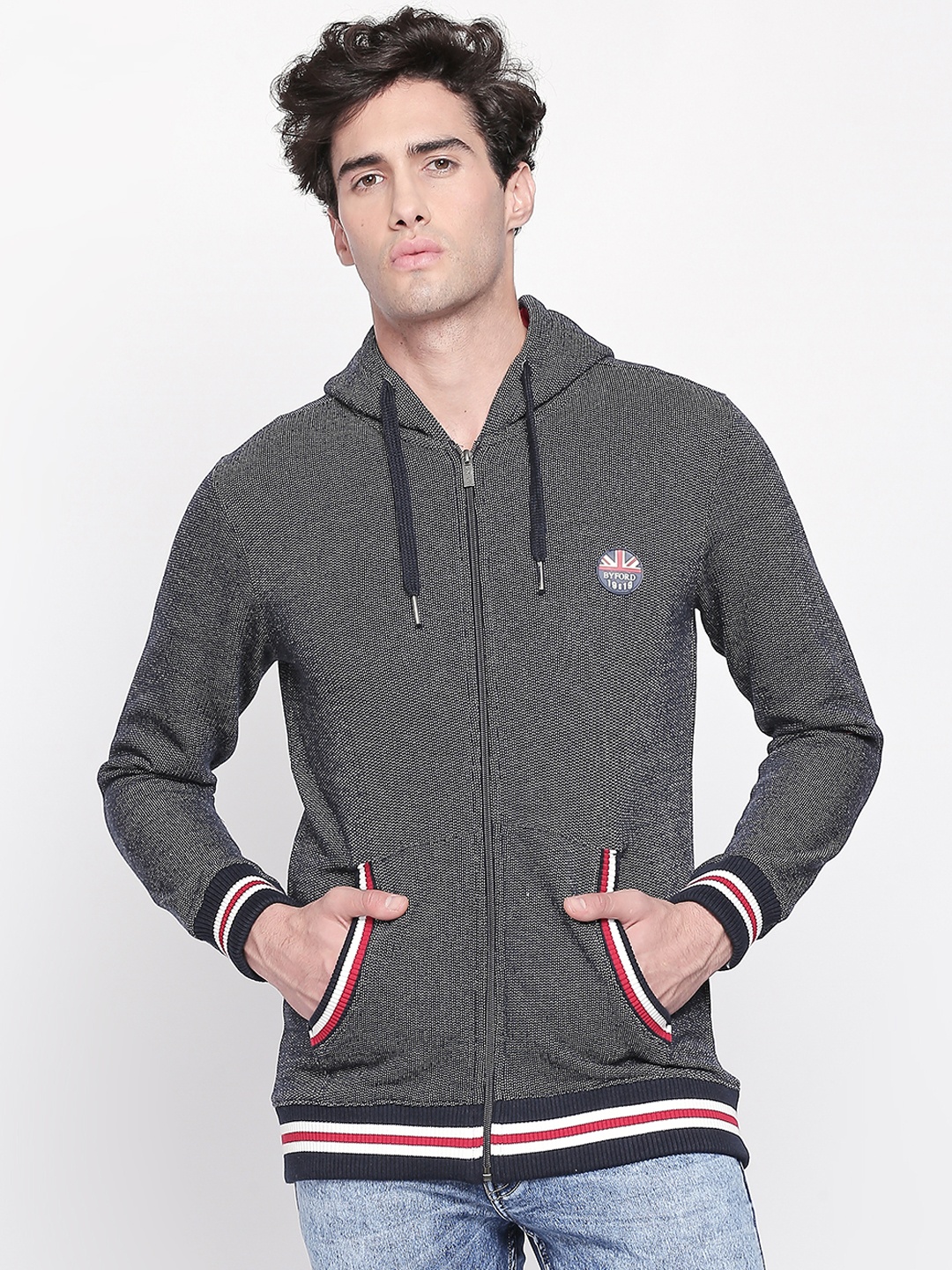 

BYFORD by Pantaloons Men Navy Blue Solid Front-Open Hooded Sweater