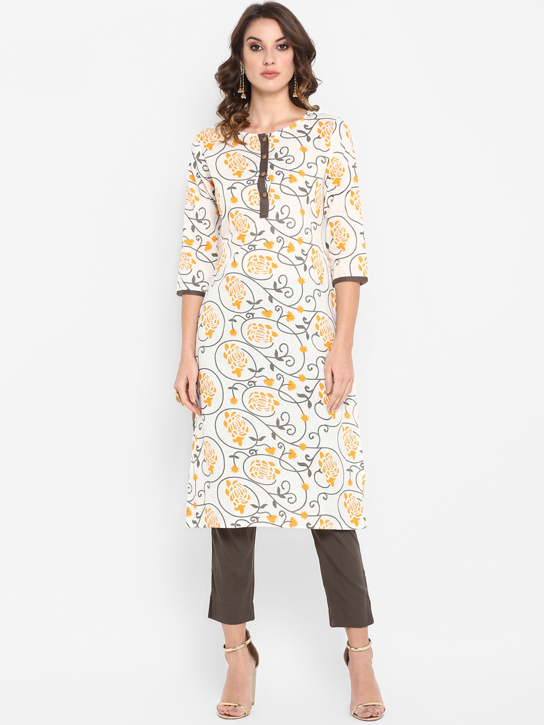 

Janasya Women White & Yellow Printed Straight Kurta