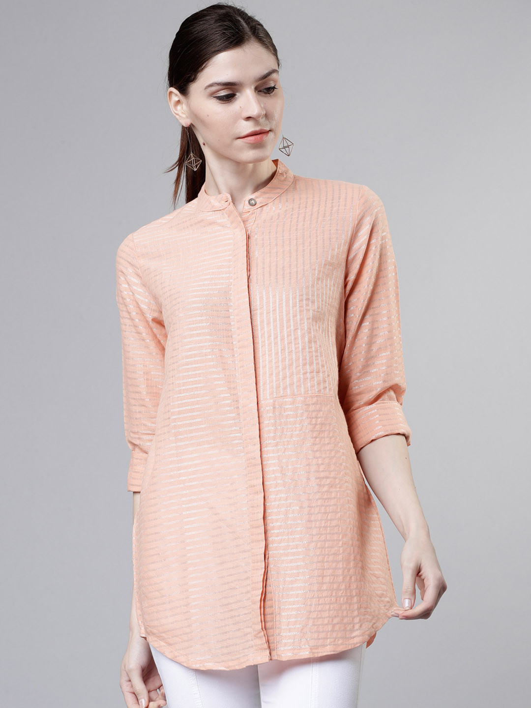 

Vishudh Women Peach-Coloured Regular Fit Striped Casual Longline Shirt