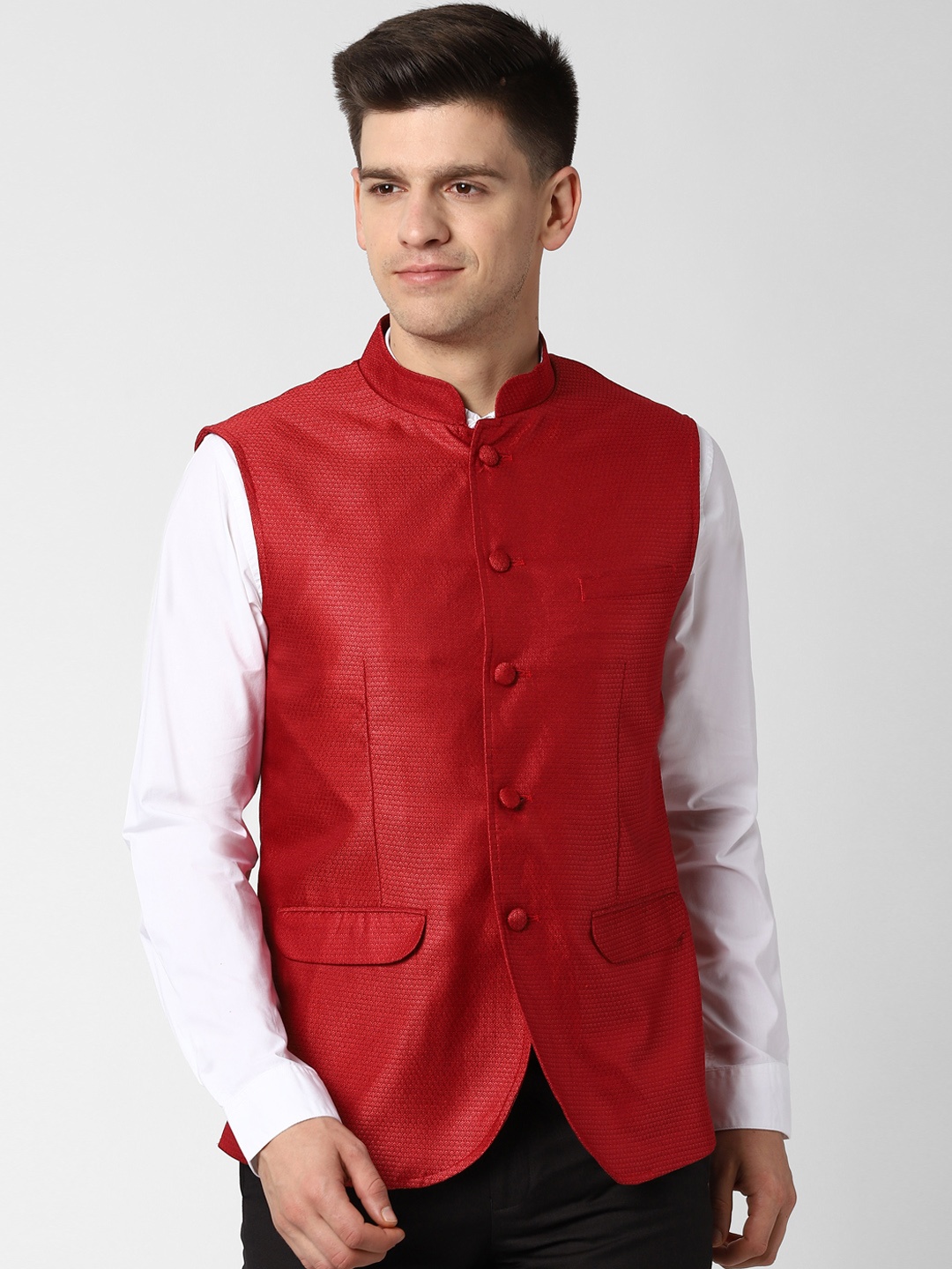 

Peter England Men Red Solid Woven Nehru Jacket
