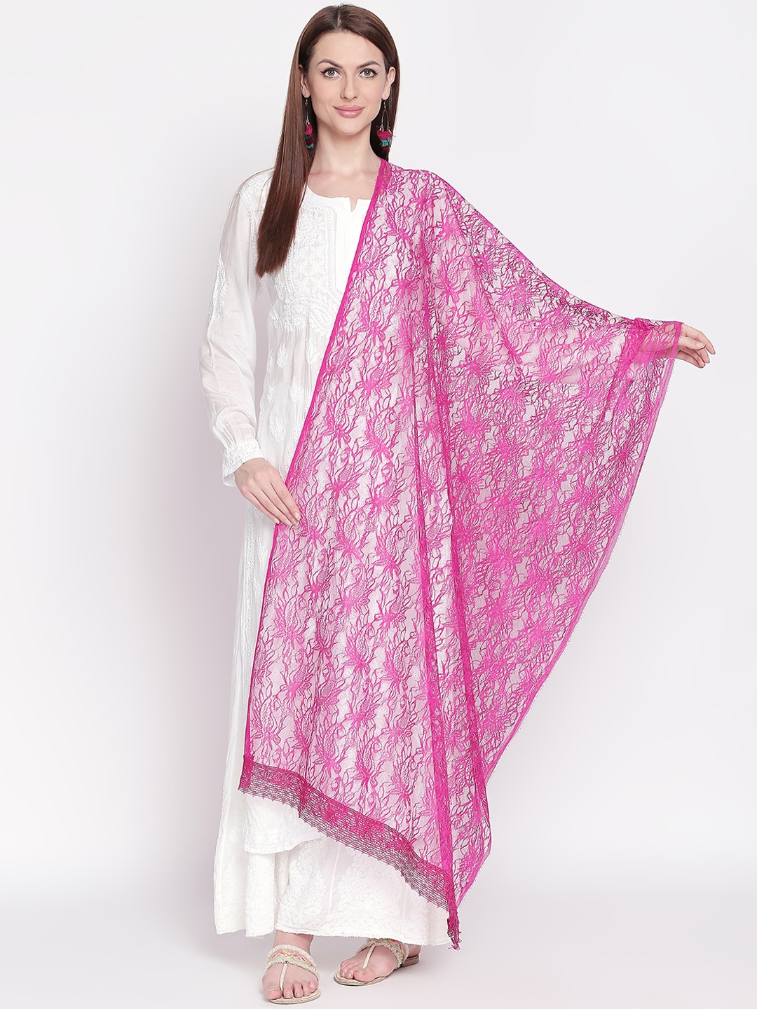 

Dupatta Bazaar Pink Self Design Lace Dupatta