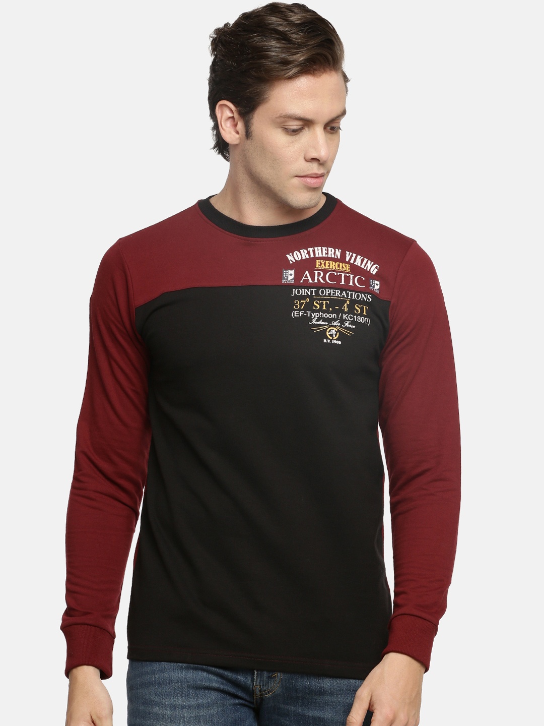 

ACTIMAXX Men Black & Maroon Colourblocked Round Neck T-shirt