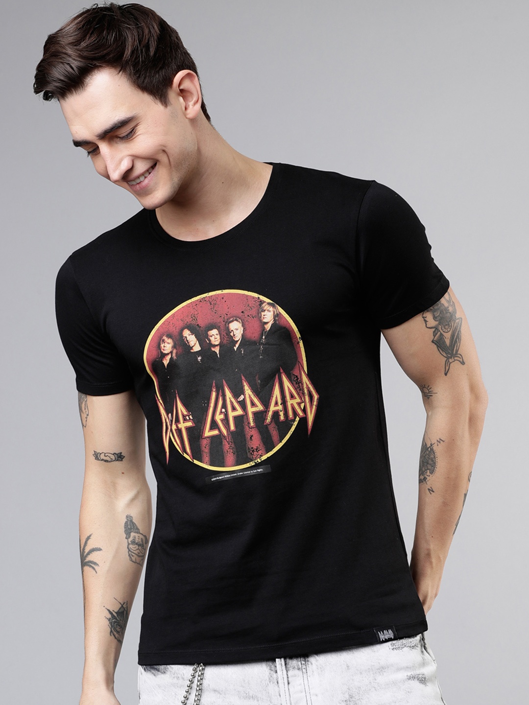 LOCOMOTIVE Men Black Printed Round Neck Pure Cotton T-shirt
