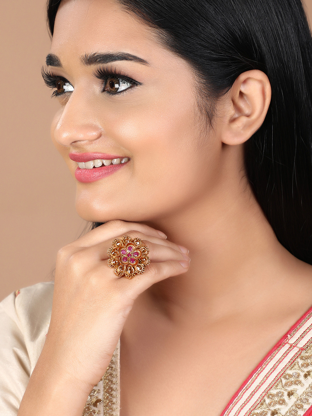 

Rubans Women Gold-Plated & Pink Kundan Statement Finger Ring
