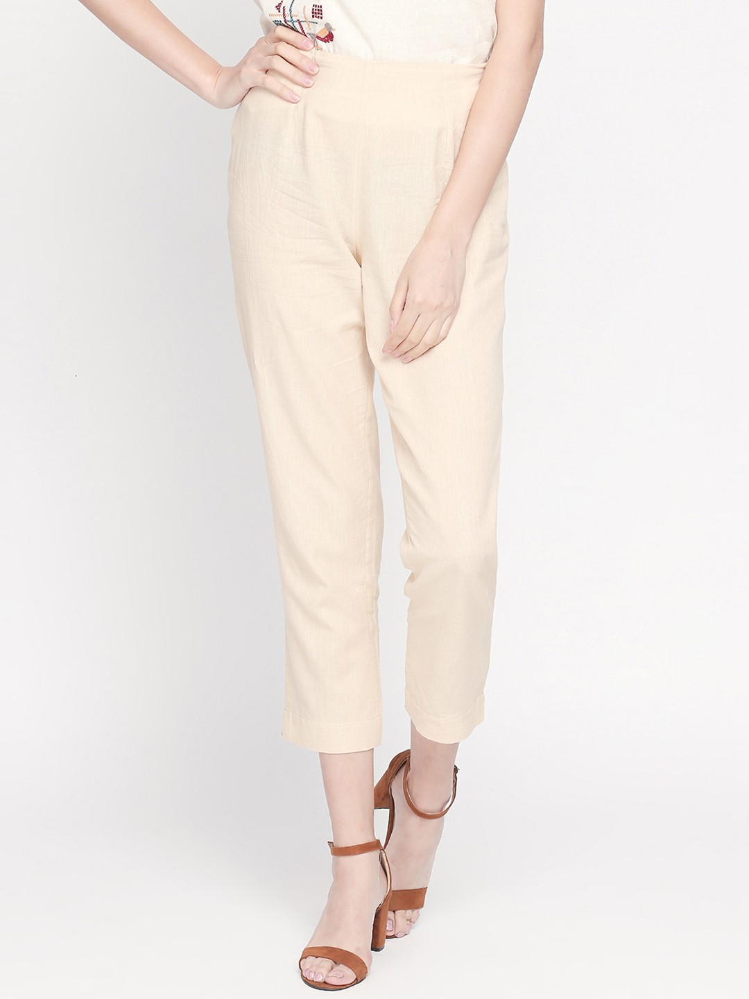 

RANGMANCH BY PANTALOONS Women Beige Regular Fit Solid Cigarette Trousers