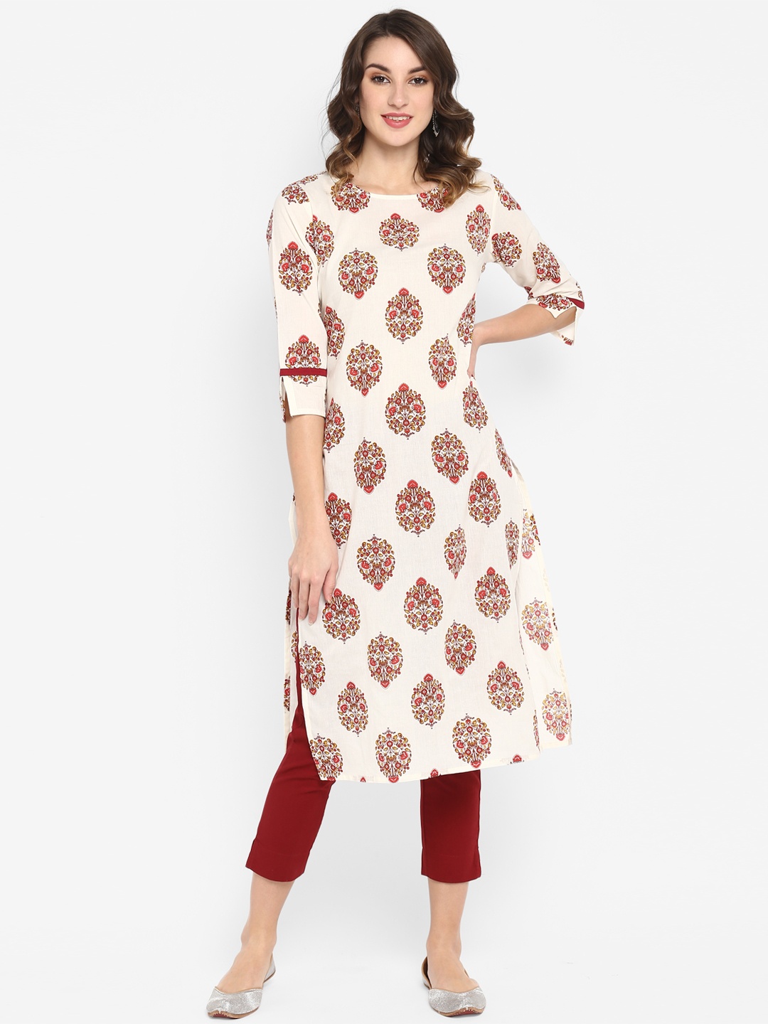 

Janasya Women White & Red Printed Straight Kurta