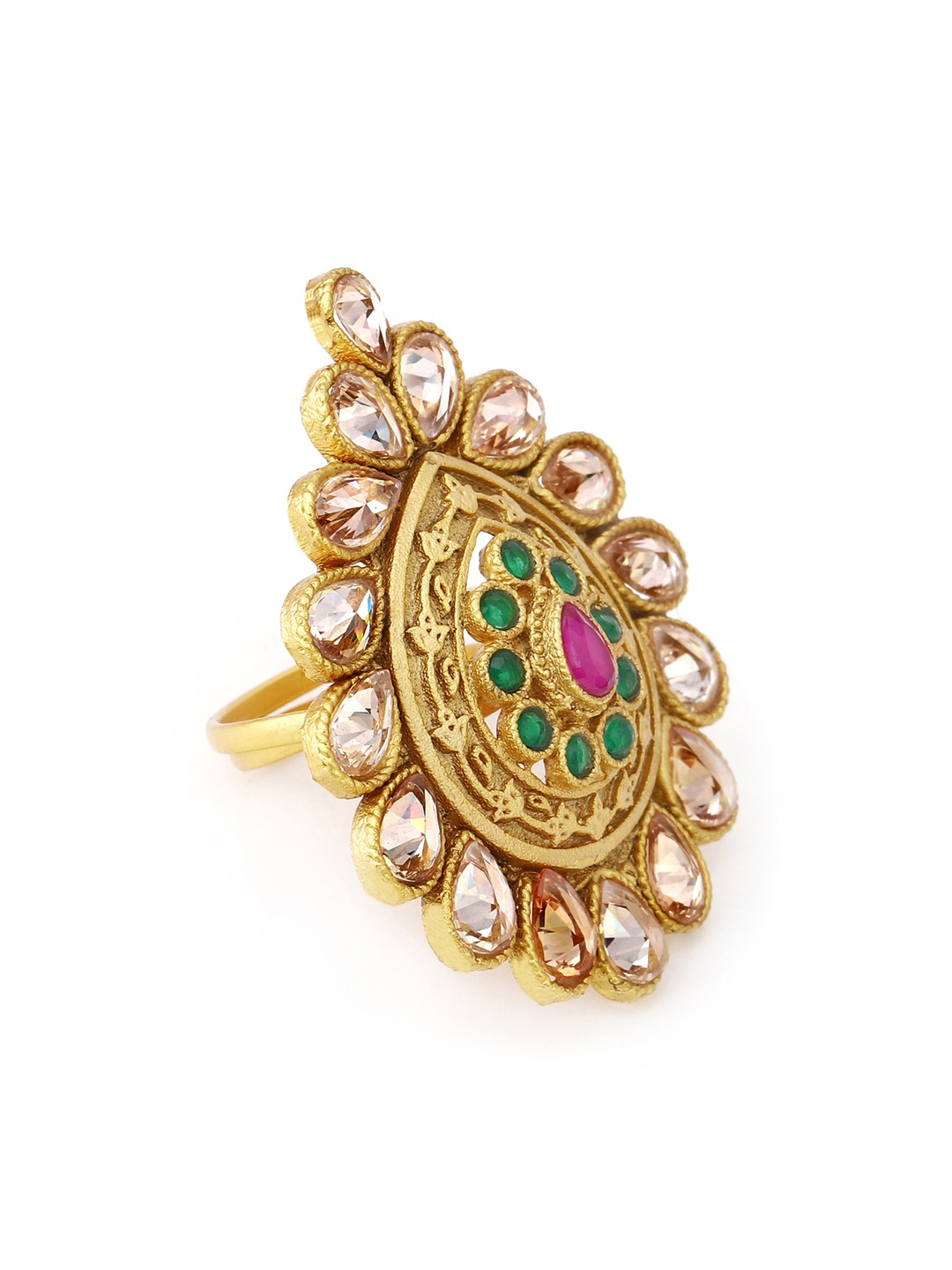 

Rubans Women Magenta & Green Gold-Plated Kundan Statement Finger Ring