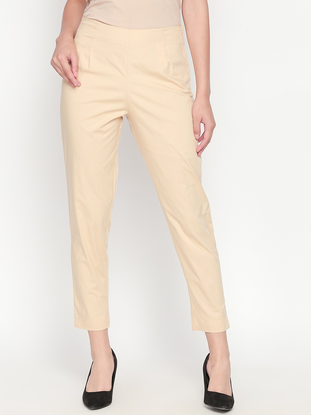 

RANGMANCH BY PANTALOONS Women Beige Regular Fit Solid Cigarette Trousers