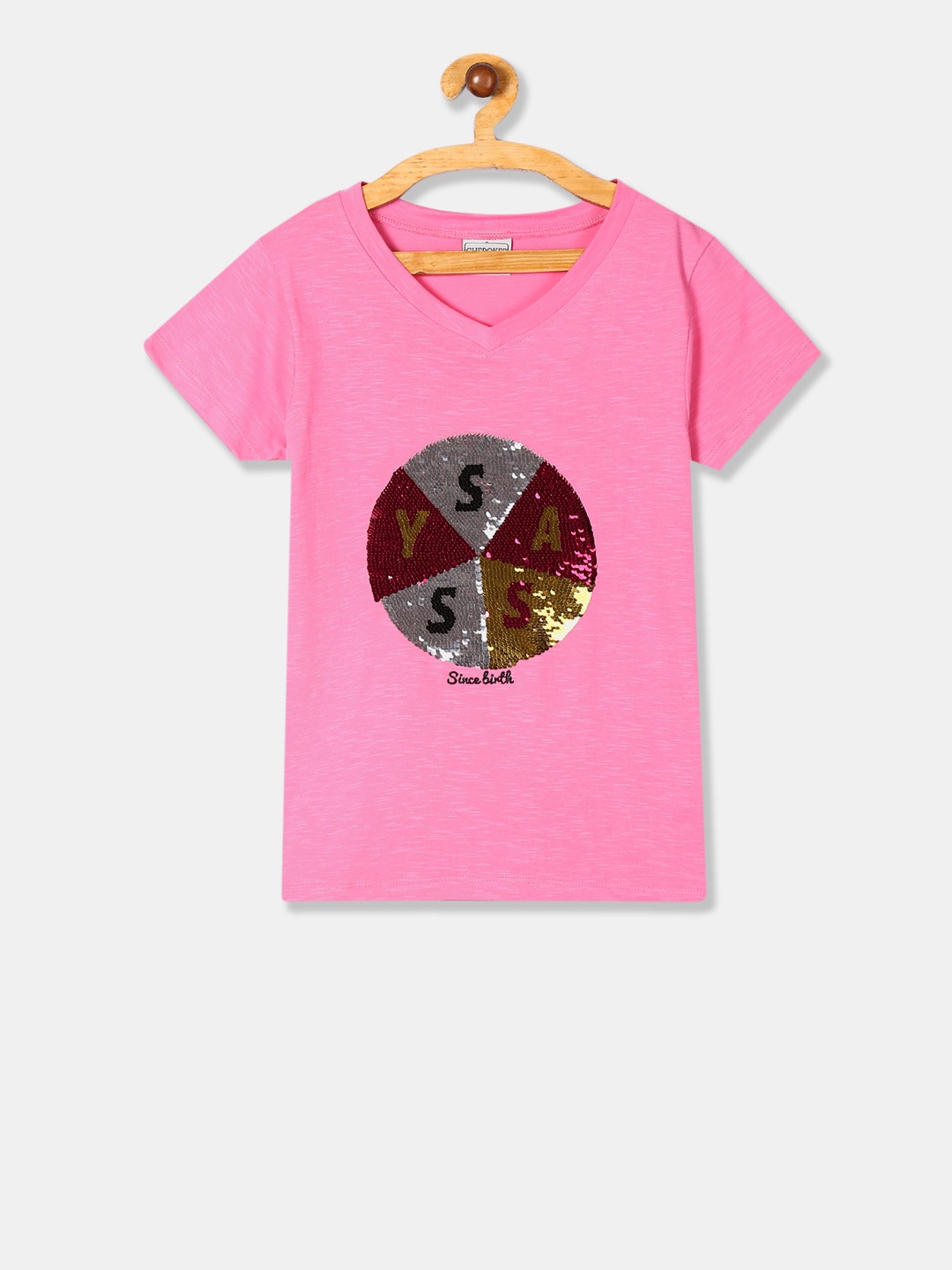 

Cherokee Girls Pink Sequinned V-Neck Pure Cotton T-shirt