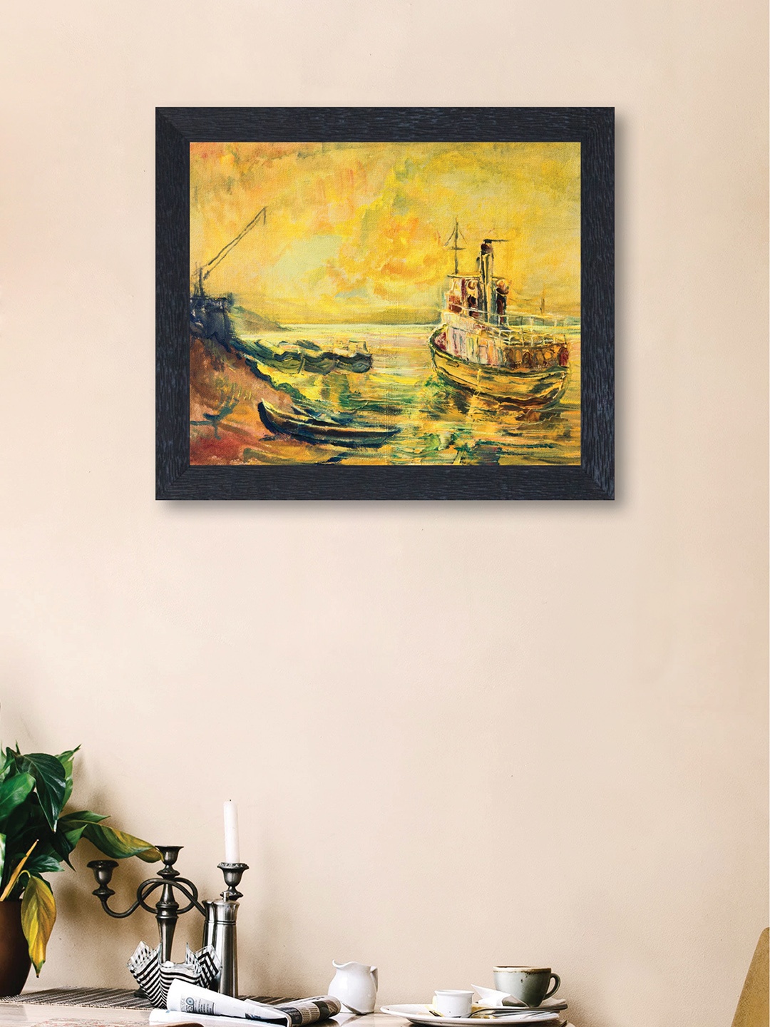

nest ART Yellow & Green Abstract Watercolor Ship on Sea Framed Wood Wall Art