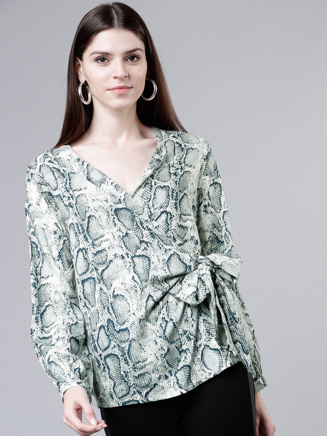 Tokyo Talkies Women Green Snakeskin Print Wrap Top