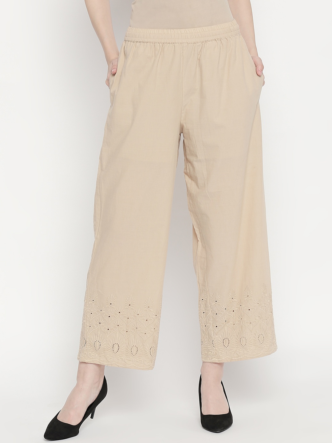 

RANGMANCH BY PANTALOONS Women Beige Regular Fit Self Design Parallel Trousers