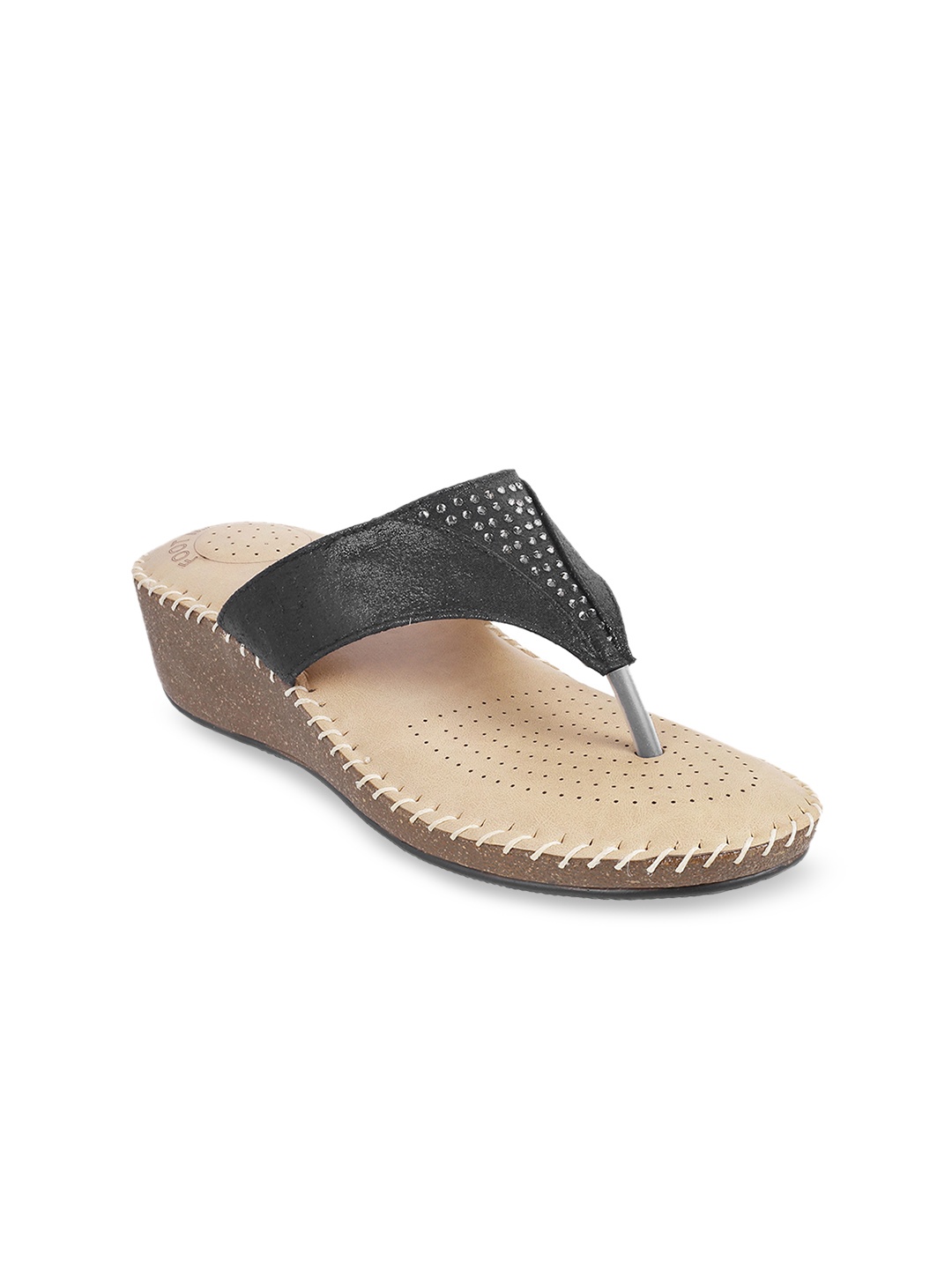 

WALKWAY by Metro Women Black Embellished T-Strap Flats