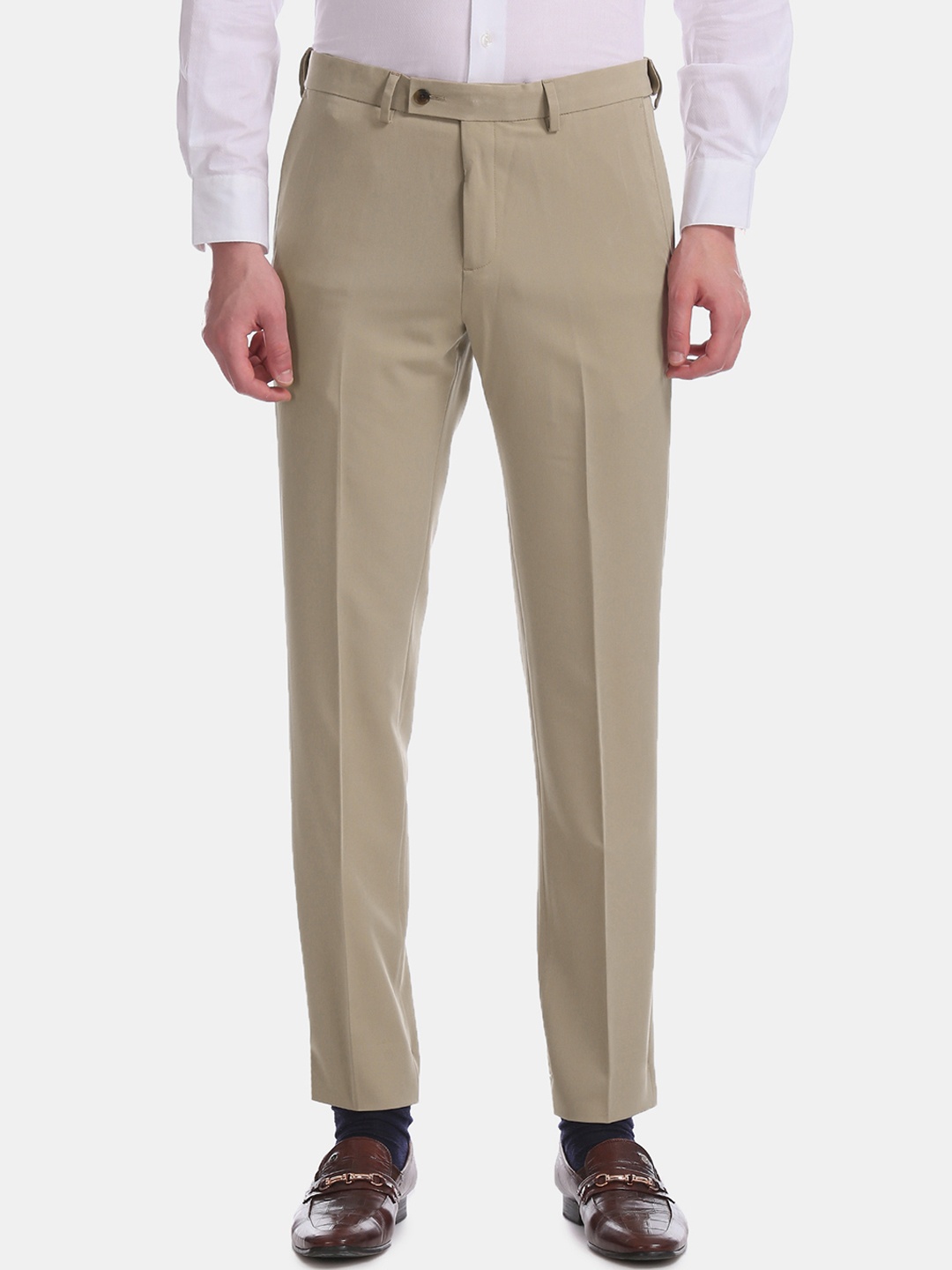 Arrow Men Beige Tapered Fit Solid Formal Trousers