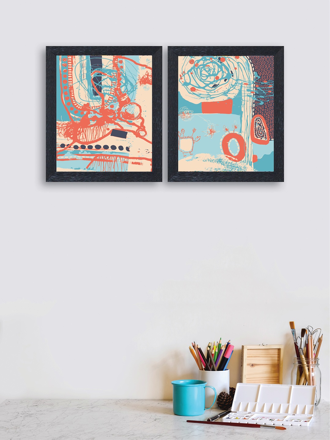 

nest ART Set of 2 Turquoise Blue & Orange Framed Paintings