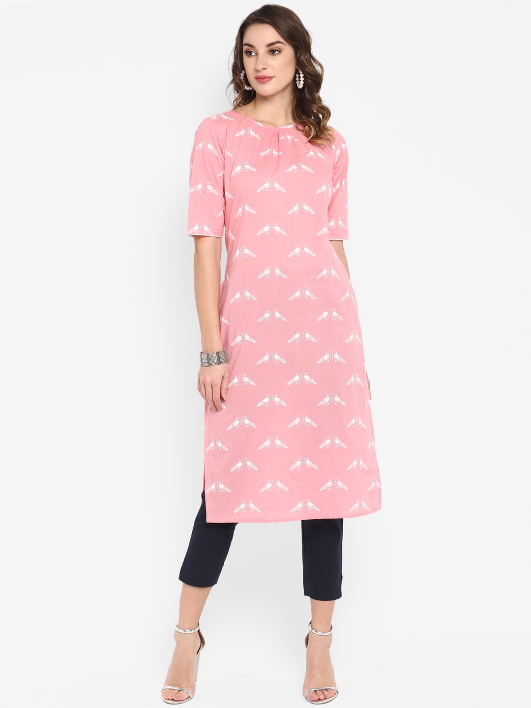 

Janasya Women Pink & White Quirky Print Straight Kurta